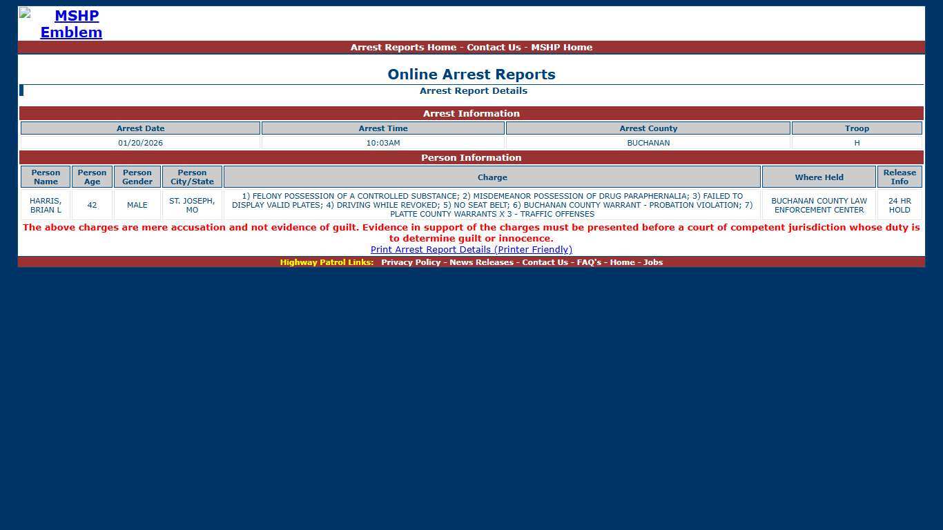 Missouri State Highway Patrol - Arrest Report Details